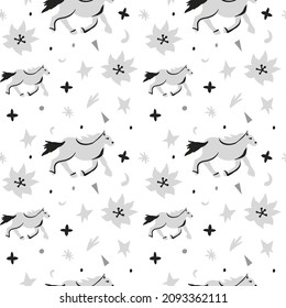 Seamless vector pattern with gray and black horse illustrations on transparent background.Scandinavian,abstract,animalistic hand drawn line style print.Design for fabric,wrapping paper, packaging.