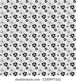 Seamless vector pattern with gray butterflies and flowers on a gray background, for the hoop, surface, packaging, cards, wallpaper. Beautiful background. Beautiful design.