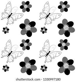 Seamless vector pattern with gray butterflies on a white background, for the hoop, surface, packaging, cards, wallpaper. Abstract beautiful illustration, textured.