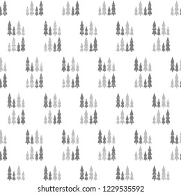 Seamless vector pattern of gray Christmas trees on a white background, handmade, artistic. Illustration of the new year, with old vintage texture, imitation of snow. Tile, wrapper, textile, postcard, 