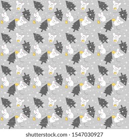 Seamless vector pattern with gray Christmas trees and white rats on a grayish background, artistic, textured. Surface, packaging, cards, wallpaper. New year art illustration.
