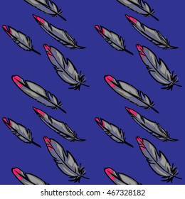 A seamless vector pattern with gray feathers on dark blue background.