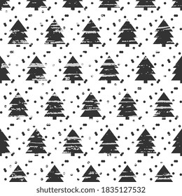 Seamless vector pattern with gray fir trees and dots on a textured white background. Illustration for hoop, surface, packaging, postcards, wallpaper.