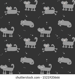 
Seamless vector pattern with gray Funny kittens on dark, handmade, artistic. Cartoon art.