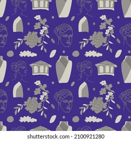 Seamless vector pattern with gray Greek illustrations on purple Very Peri background. Trendy, floral hand drawn line style print.Design for textiles, fabric, wrapping paper, packaging,scrapbook paper.