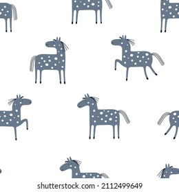 Seamless vector pattern with gray horses isolated on a white background. Dapple-grey horse, gray horse in apples. Vector hand drawn print.