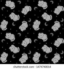 Seamless vector pattern with gray kittens, moon on a black artistic background. Baby cover, packaging and wrapping background. Cartoon illustration.