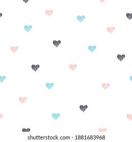 Seamless vector pattern with gray, pink and blue hearts on a white background. For wallpaper, wrapping paper, textiles, postcards, web page backgrounds, interior decor, menus. Cartoon design.