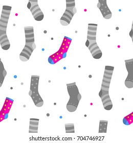 Seamless vector pattern with gray and pink cartoon socks and spots. Cute clothes. Child summer illustration