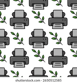Seamless vector pattern of gray printers and green leaves, illustrating eco-friendly office concept with a hand-drawn style.