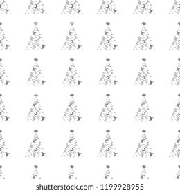 Seamless vector pattern of gray shaped Christmas trees made of gray stars and moon on a white background, handmade, artistic. Illustration with old vintage texture. Beautiful tile, wrapper, cover, tex