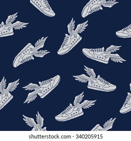 Seamless vector pattern of gray sneakers flying on a dark blue background, painted by hand.