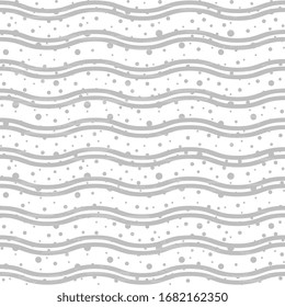 Seamless vector pattern with gray waves and polka dots. Abstract wavy background with texture for packaging, wrapping, surface, fabric design.
