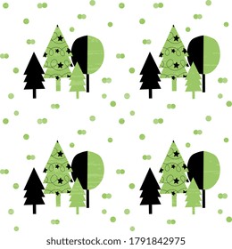 
Patrón vectorial sin foco con árboles grises-verdes de Navidad y puntos de polka sobre un fondo blanco, artístico, texturado. Tapa festiva, envoltura y fondo de envoltura.
