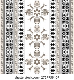 Patrón de Vector sin costuras con adornos griegos. СFronteras griegas clásicas: meandro, palmeta y adornados patrones florales negros dorados. Sensación histórica. Ilustración vectorial.