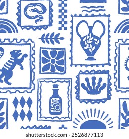 Seamless vector pattern with Greek vases and palm motifs, isolated on a white background. Perfect for textile, wallpaper, or decor design.