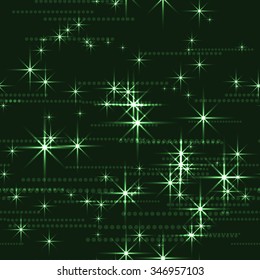 Seamless vector pattern. Green abstract Christmas glittering background with stars. 
