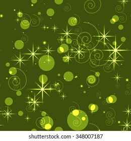 Seamless vector pattern. Green abstract Christmas glittering background with stars and spirals. 