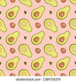 Seamless vector pattern with green avocado on a pink background. Halved ripe avocados with bones and hearts. Top view.