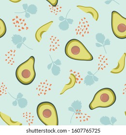 Seamless vector pattern with green avocado halves and wedges and cilantro leaves on a teal blue background with red abstract marks. Fun food illustration great for packaging, fabric, gifts, and decor.