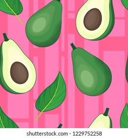 Seamless, vector pattern of green avocados on a pink background.