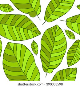 Seamless vector pattern of green banana leaf on a white background.