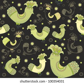 Seamless vector pattern with green birds on dark background