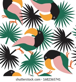 Seamless Vector Pattern with Green, Black Tropical Leaves and Toucans 
