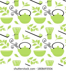 Seamless Vector Pattern With Green And Black Simple Tea Set Elements:bamboo Whisk ,cup,  Tea Leaves,teapot.Ornament Japanese Matcha Tea For Your Design