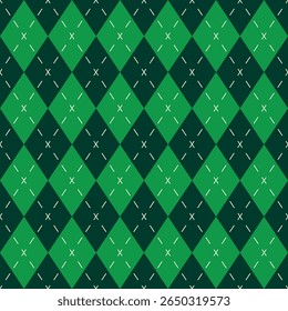 Padrão de vetor sem costura com design geométrico de diamante argyle verde e preto, textura têxtil clássica decorativa para o Dia de São Patrício ou tecido retrô festivo e aplicações de roupas