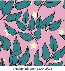 Seamless vector pattern with green branch, leaf and leaves on pink background with white stars. Good for printing. Wallpaper, fabric and textile design. Wrapping paper pattern. Cute design.