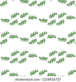 Seamless vector pattern of green branches with Christmas trees, handmade, artistic on a white background. Gentle New Year Illustration. Beautiful tile, wrapper, cover, textile, postcard, wallpaper des