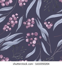 Seamless vector pattern. Green branches of eucalyptus and blueberry branches on a dark background. Eucalyptus and blueberries in watercolor. Ideal for paper, gift and textile products. Design greeting