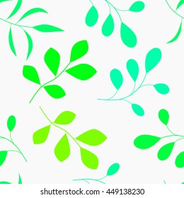 Seamless vector pattern with green branches and leaves on the light background. Good for decoration, eco-goods, wrapping paper, etc.