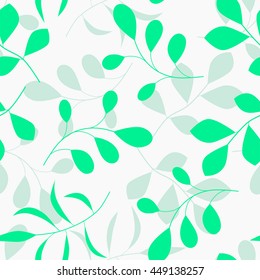 Seamless vector pattern with green branches and leaves on the light background. Good for decoration, eco-goods, wrapping paper, etc.
