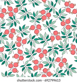 Seamless vector pattern with green branches and pink fruits. Summer beautiful background.