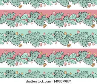 Seamless vector pattern of green cacti with flowers on a background white, pink and green stripes. Hand-drawn illustration. For fabric, textile, packaging, Wallpaper.