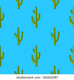 Seamless vector pattern of green cactus on a blue background, painted by hand.