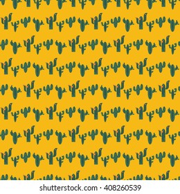 Seamless vector pattern with green cactuses on orange desert background. Travel to Mexico texture. Pattern in swatches panel.