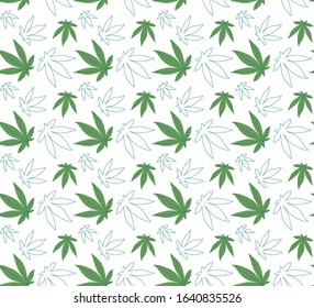 seamless vector pattern Green cannabis leaves. Flat style, line art.Isolated on a white background. Wallpaper, packaging, print for textiles. 