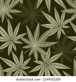 Patrón vectorial sin foco con hojas de cannabis verde. Fondo de la marihuana.