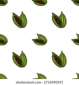 Seamless vector pattern of green cardamom pods with dark brown seeds, perfect for culinary or spice-themed backgrounds.