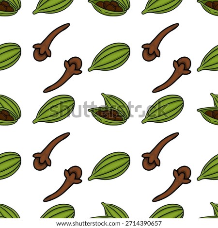 Seamless vector pattern of green cardamom pods and brown cloves with a white background.