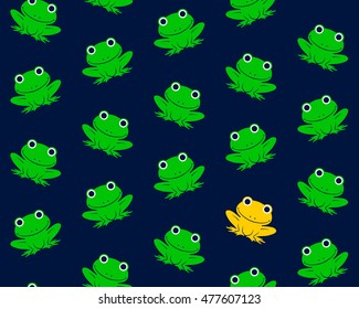 Seamless vector pattern of green cartoon frogs with one in gold colored standing out over blue background
