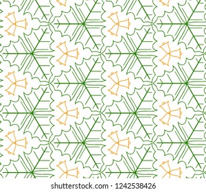 Seamless vector pattern with green Christmas plants and gold bells.