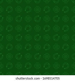 Seamless vector pattern with green clover leaves, shamrock and Horseshoe on a dark green backdrop for St. Patrick's Day. Spring fest background for greetings card, decor, flyer, print, packaging etc.