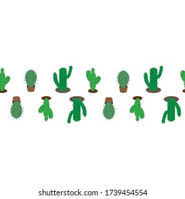 Seamless vector pattern. Green color cacti isolated on white background. Located in the middle of the background.