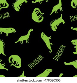 Seamless vector pattern with green dinosaurs on black background