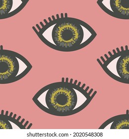 Patrón vectorial sin foco con ojos verdes sobre fondo rosado. Diseño de fondo de pantalla simple para chicas. Moda decorativa de globo ocular textil.