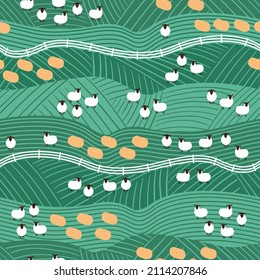 Seamless vector pattern with green field, haystacks, fence and sheep herd. Abstract meadow landscape background. Countryside village farm texture with cute hand drawn illustrations